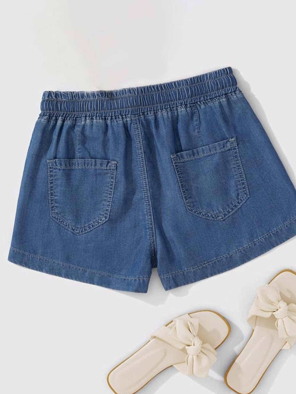 Women's Elastic Waist Denim Shorts with Drawstring - Blue - Picture 2 of 2